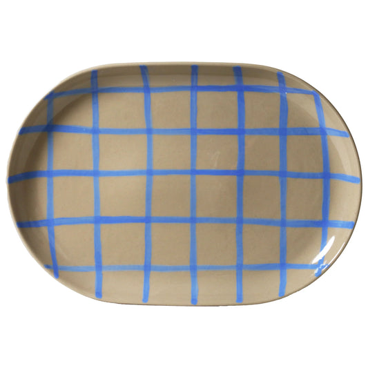 Robert Gordon - Oval Tray - Coastal Junction - Stone With Blue Handbrush- 38cm X 26.5cm