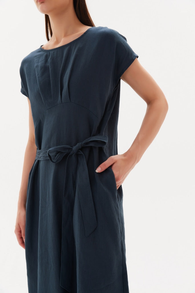 Tirelli - Tie Back Pleat Dress Dark Ocean Apparel & Accessories > Clothing Dresses
