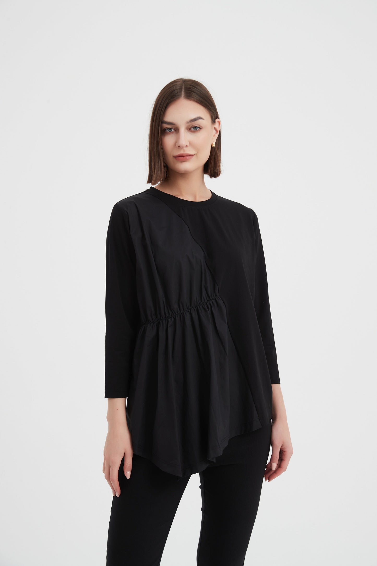 Tirelli - 3/4 Sleeve Asymmetric Top - Black