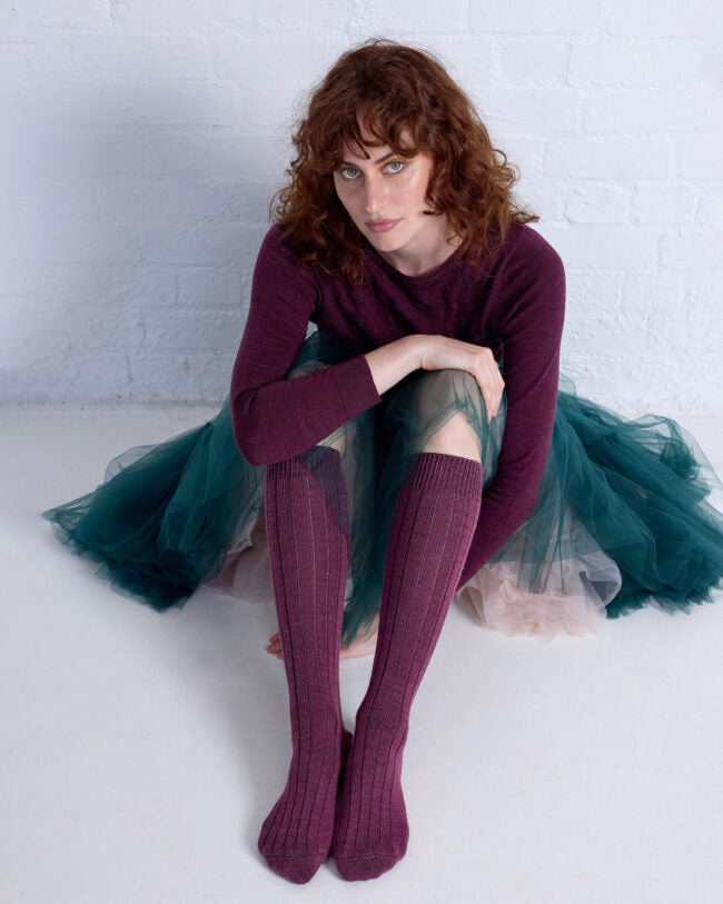 Tightology - Long Rib Merino Wool Socks - One Size - Mauve