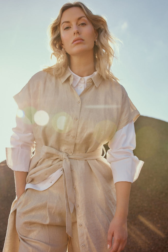 Elk The Label - Metalen Shirt Dress Gold Linen Apparel & Accessories > Clothing Dresses