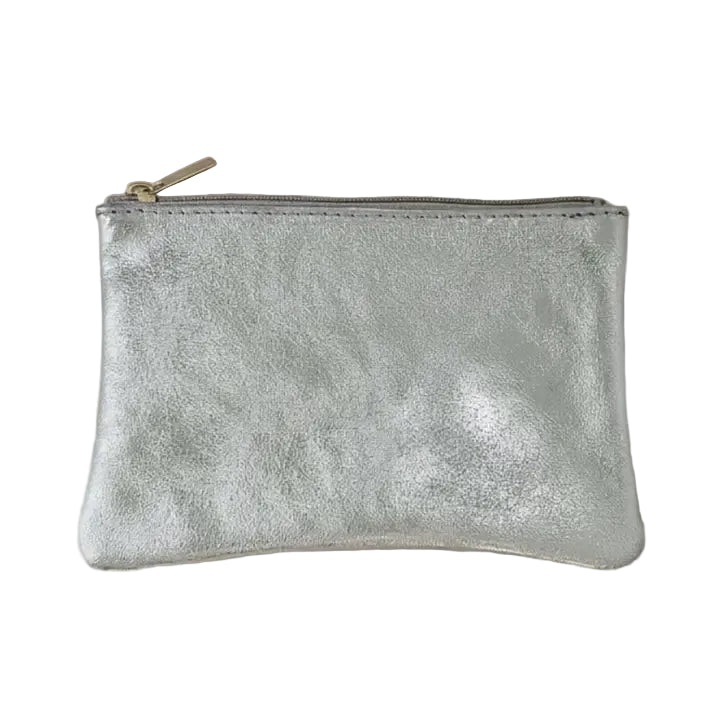 Leather Pouch With Zip - Silver