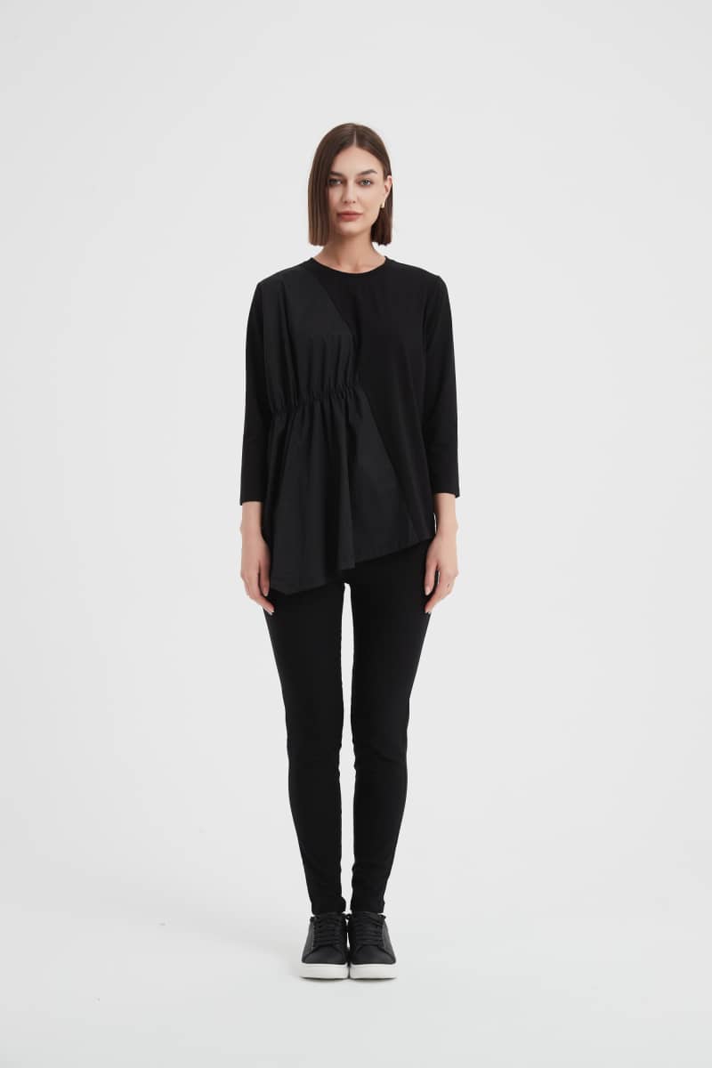 Tirelli - 3/4 Sleeve Asymmetric Top - Black