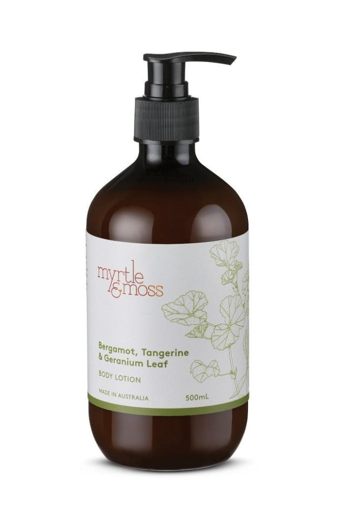 MYRTLE & MOSS - MOISTURISER BODY LOTION - BERGAMOT RIND, TANGERINE & GERANIUM LEAF - 500ML