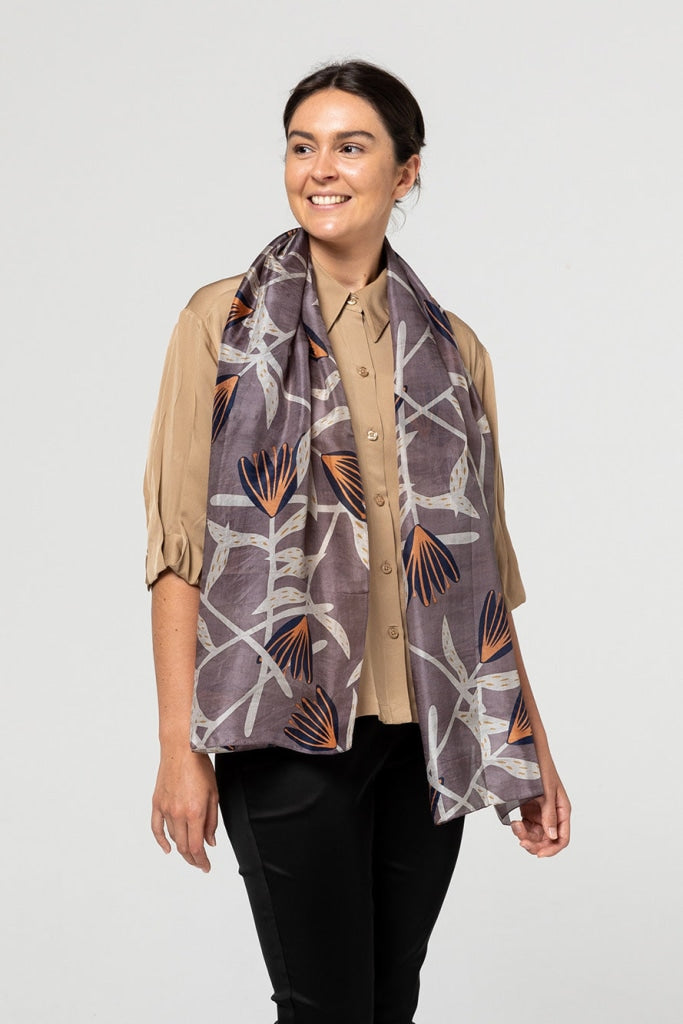 Indus - Silk Scarf Flannel Flower Slate Indigo & Peach