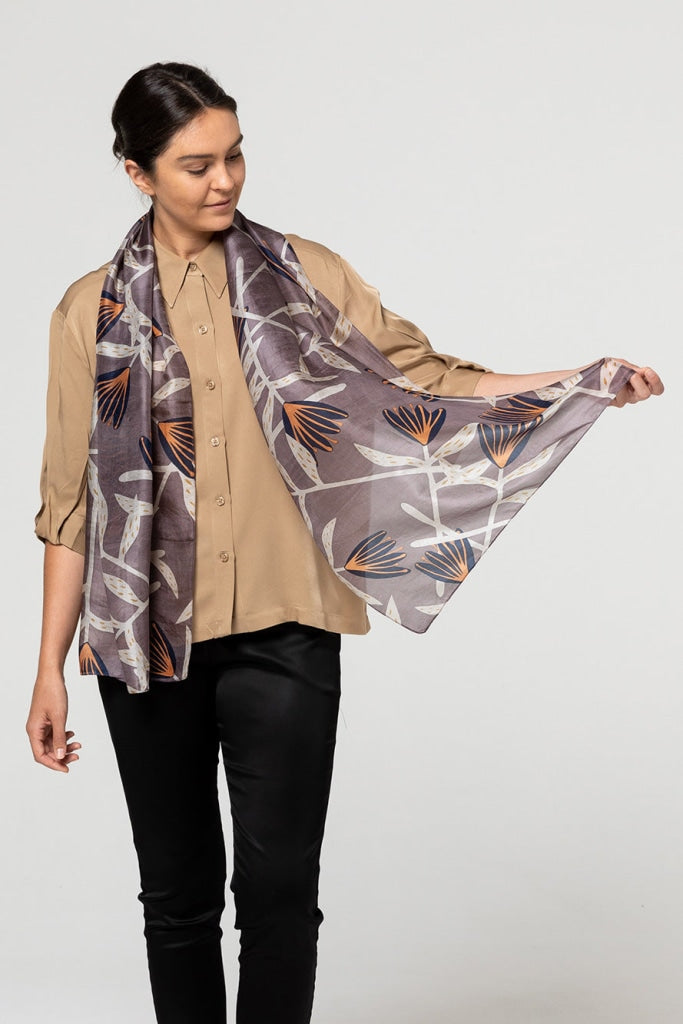 Indus - Silk Scarf Flannel Flower Slate Indigo & Peach