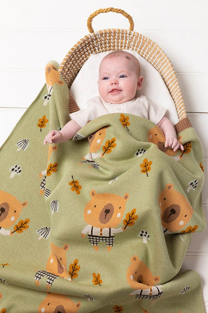 Indus - Baby Blanket Bruce Bear Sage & Caramel Toddler > Swaddling Receiving Blankets