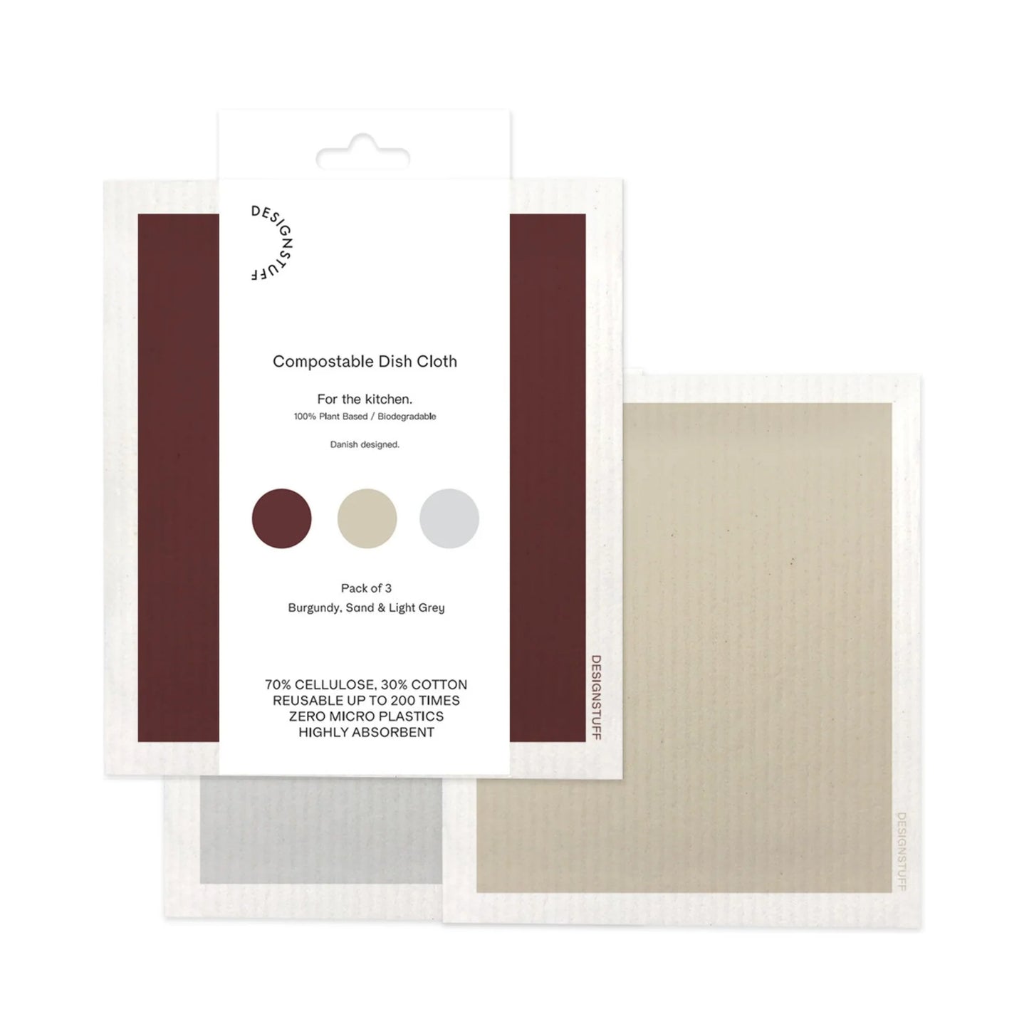 Designstuff - Compostable Eco Dishcloth - Burgundy/sand/light Grey(pack Of 3)