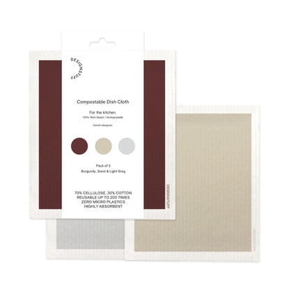 Designstuff - Compostable Eco Dishcloth - Burgundy/sand/light Grey(pack Of 3)