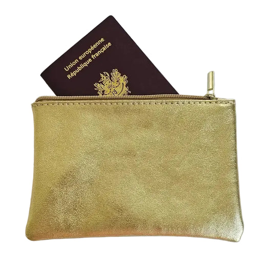 Leather Pouch With Zip - Gold