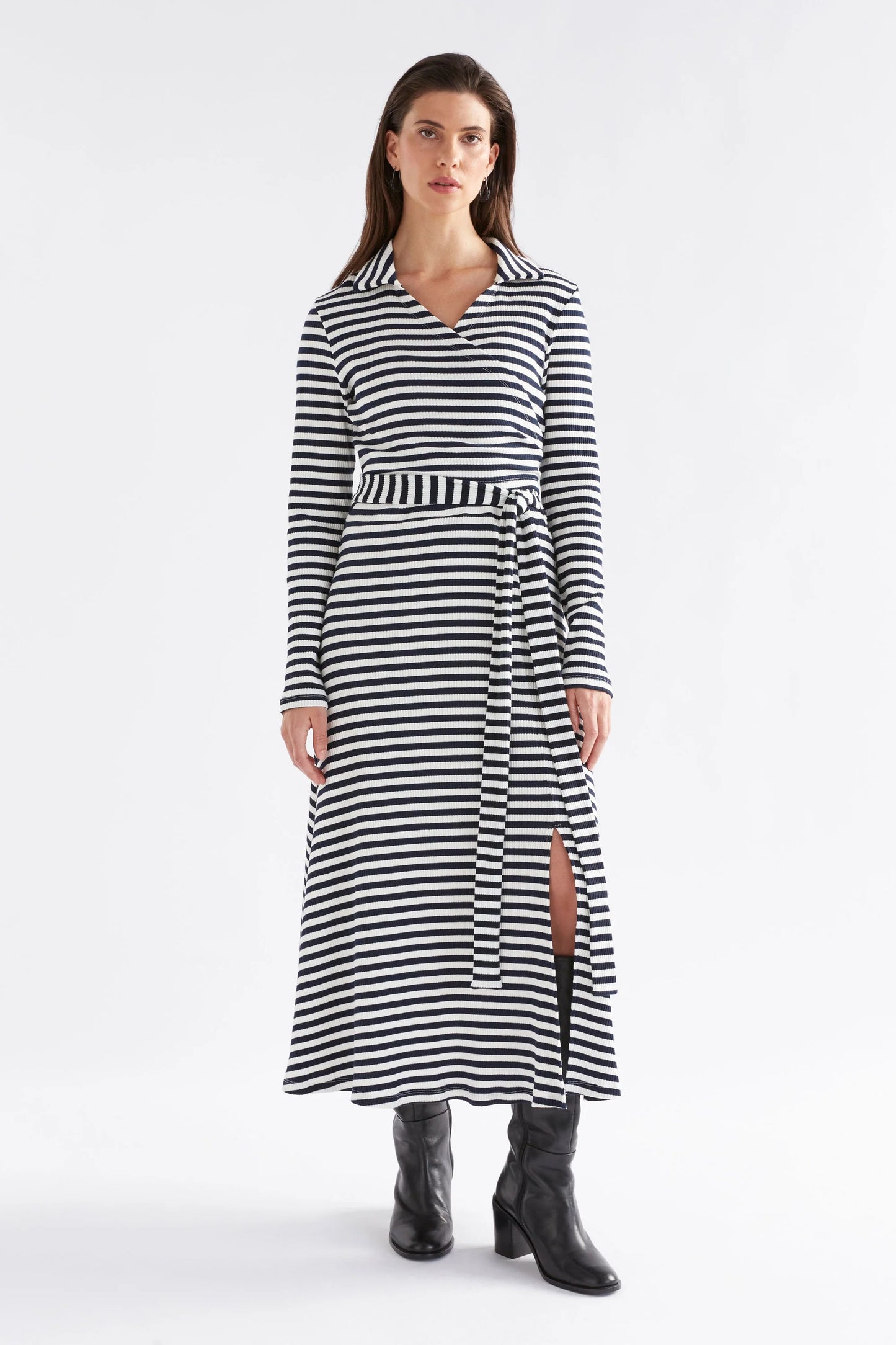 Elk The Label - Kullan Ribbed Wrap Dress - White/ink Stripe