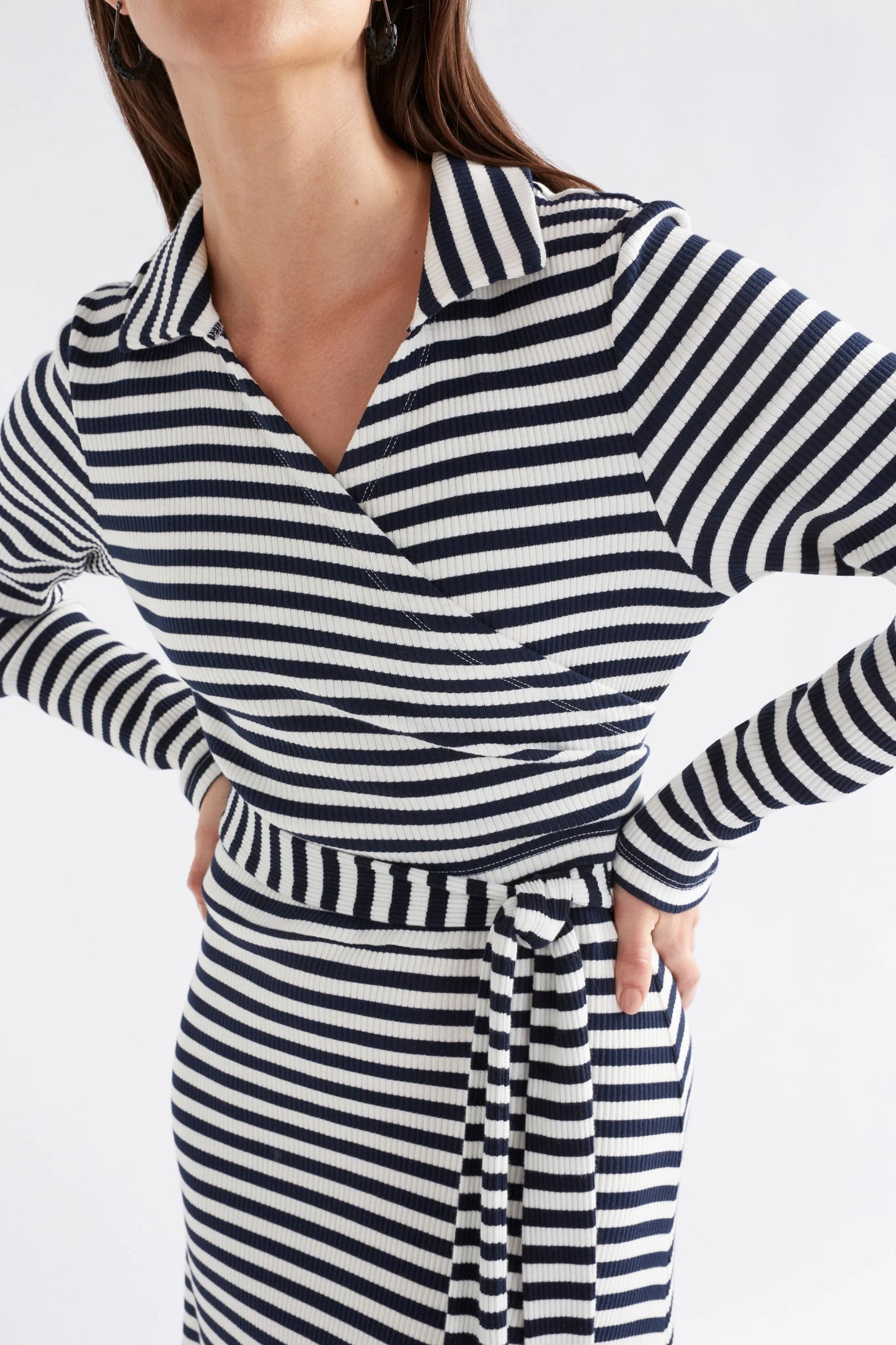 Elk The Label - Kullan Ribbed Wrap Dress - White/ink Stripe