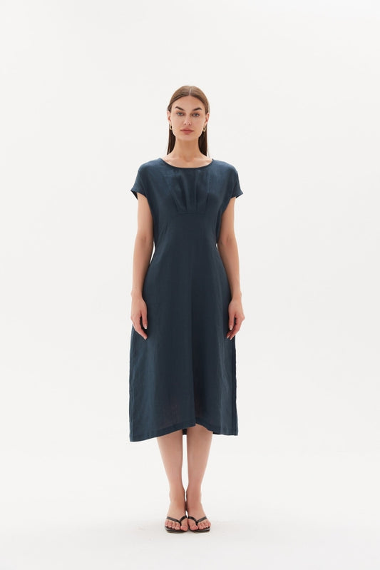Tirelli - Tie Back Pleat Dress Dark Ocean Apparel & Accessories > Clothing Dresses