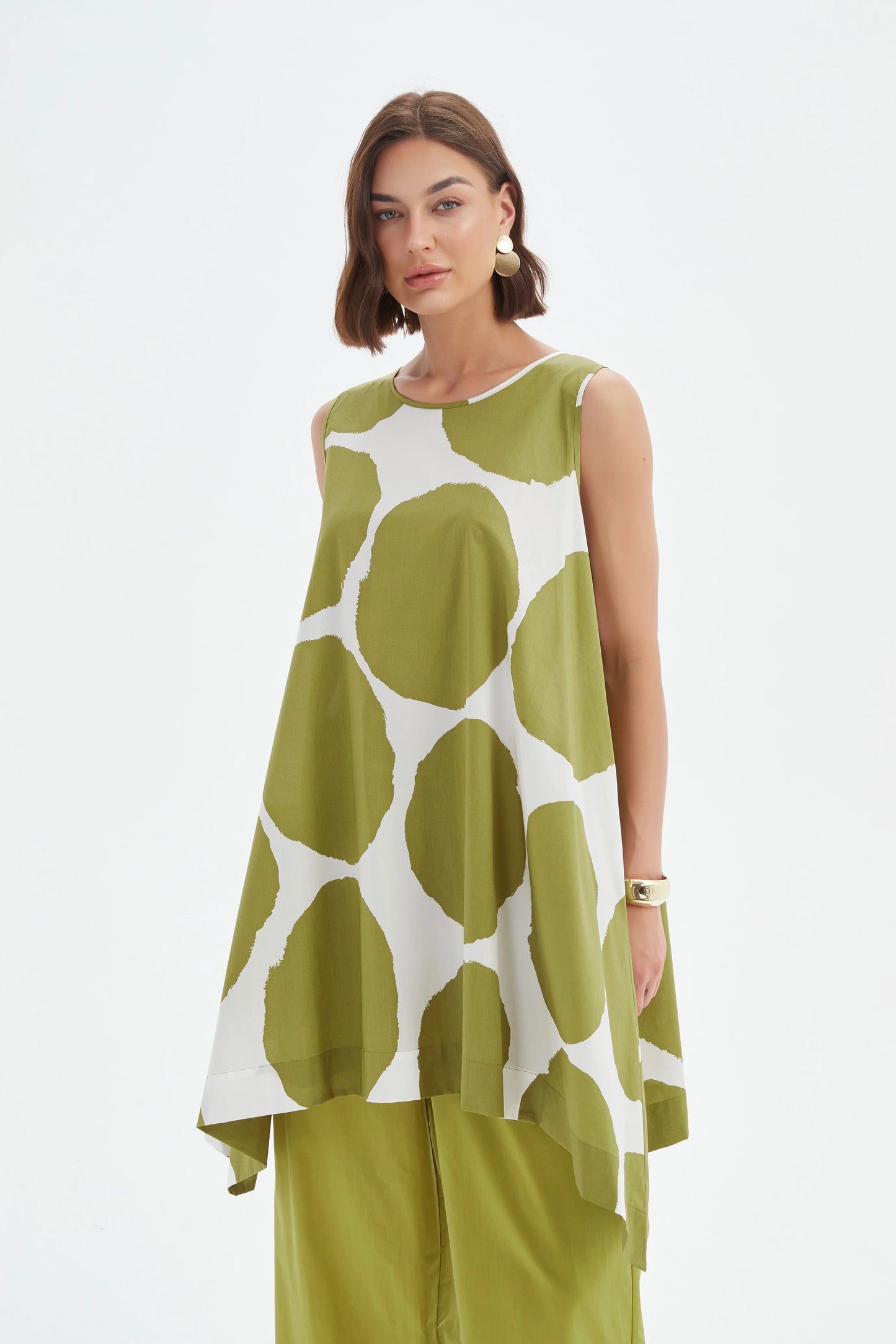 Tirelli - V Neck Bishop Sleeve Poplin Top - Chartreuse/white Spot
