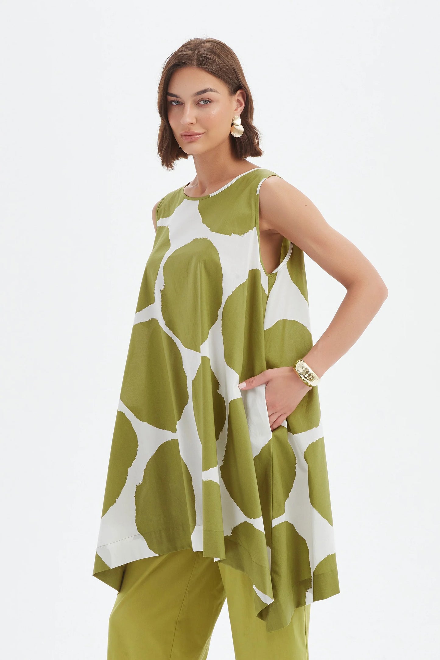 Tirelli - V Neck Bishop Sleeve Poplin Top - Chartreuse/white Spot