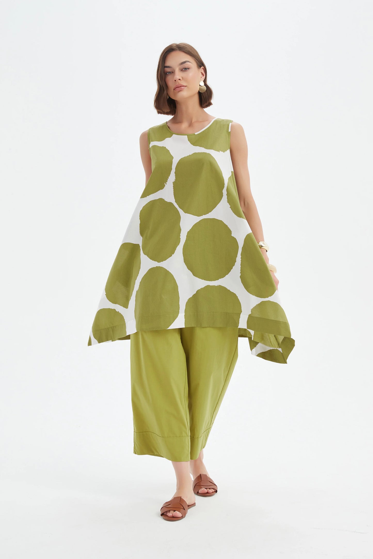 Tirelli - V Neck Bishop Sleeve Poplin Top - Chartreuse/white Spot