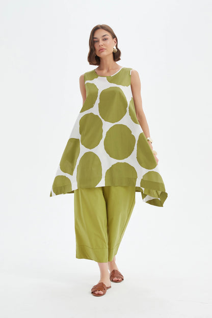 Tirelli - V Neck Bishop Sleeve Poplin Top - Chartreuse/white Spot