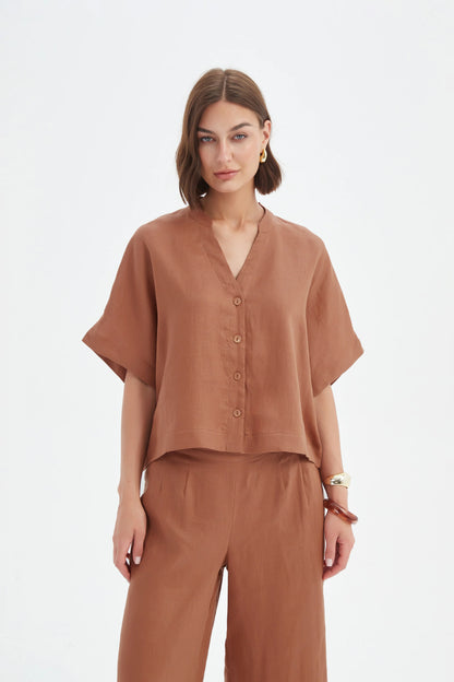 Tirelli - Boxy Button Linen Shirt - Cedar