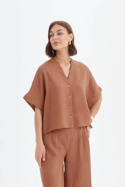 Tirelli - Boxy Button Linen Shirt - Cedar