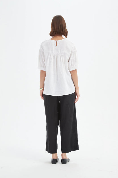 Tirelli - Bishop Sleeve Shirriing Top - Linen - White