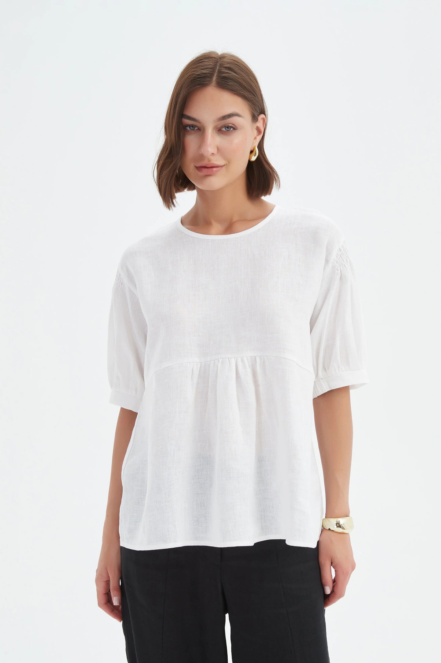 Tirelli - Bishop Sleeve Shirriing Top - Linen - White