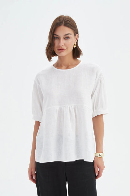 Tirelli - Bishop Sleeve Shirriing Top - Linen - White