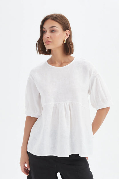 Tirelli - Bishop Sleeve Shirriing Top - Linen - White