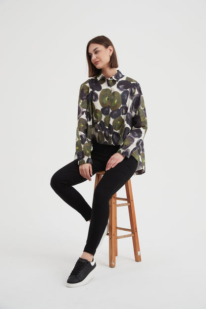 Tirelli - Elastic Front Hem Print Shirt - Moss Spot