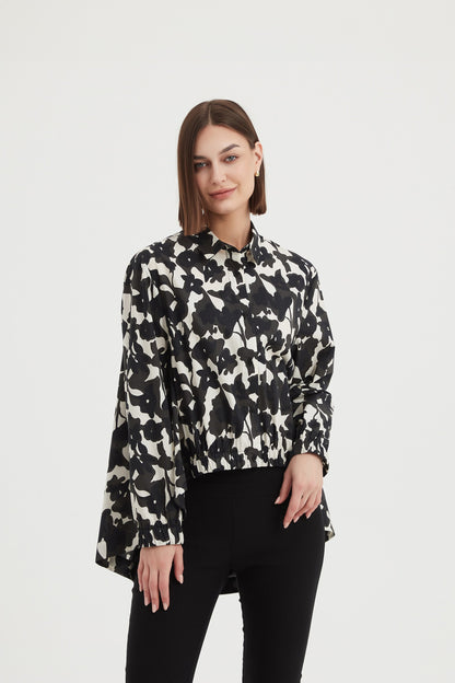 Tirelli - Elastic Front Hem Print Shirt - Black Floral