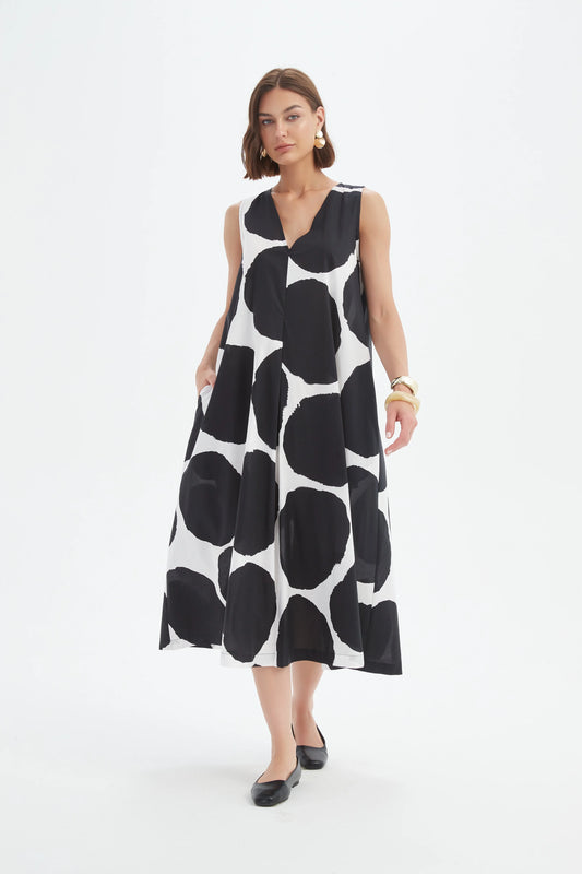 Tirelli - Inverted Pleat Poplin Dress - Black/white Spot