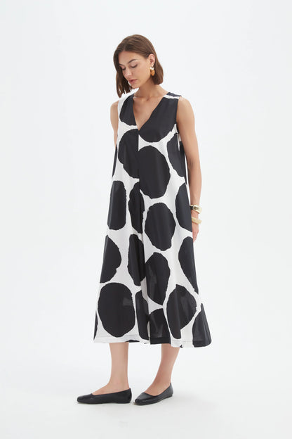 Tirelli - Inverted Pleat Poplin Dress - Black/white Spot