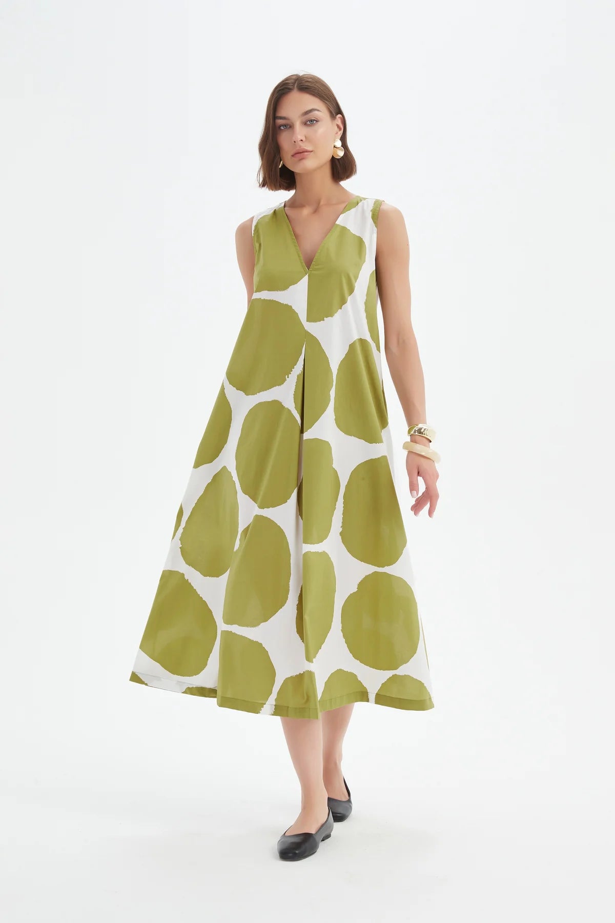Tirelli - Inverted Pleat Poplin Dress - Chartreuse/white Spot