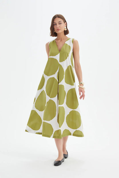 Tirelli - Inverted Pleat Poplin Dress - Chartreuse/white Spot