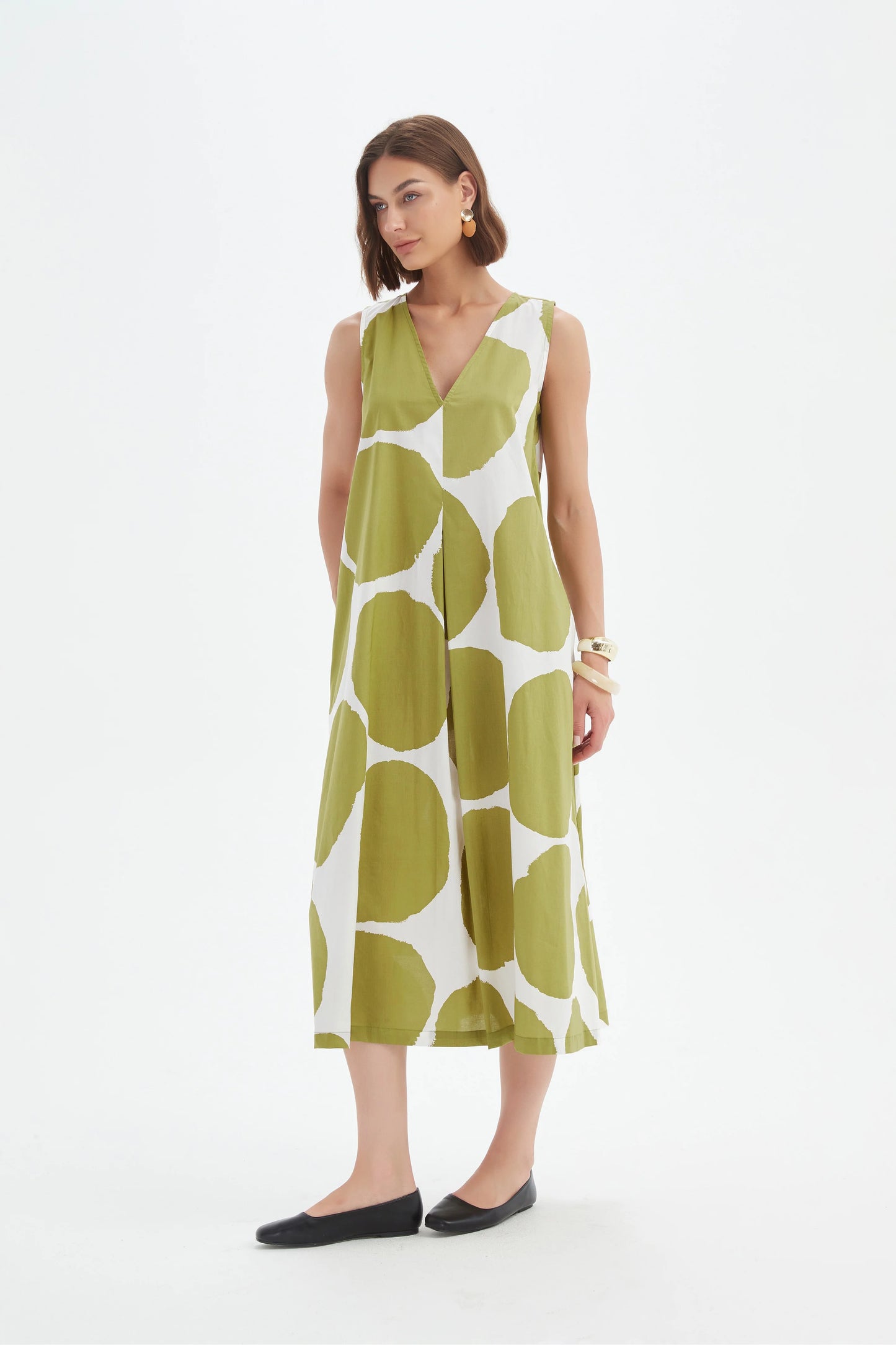 Tirelli - Inverted Pleat Poplin Dress - Chartreuse/white Spot