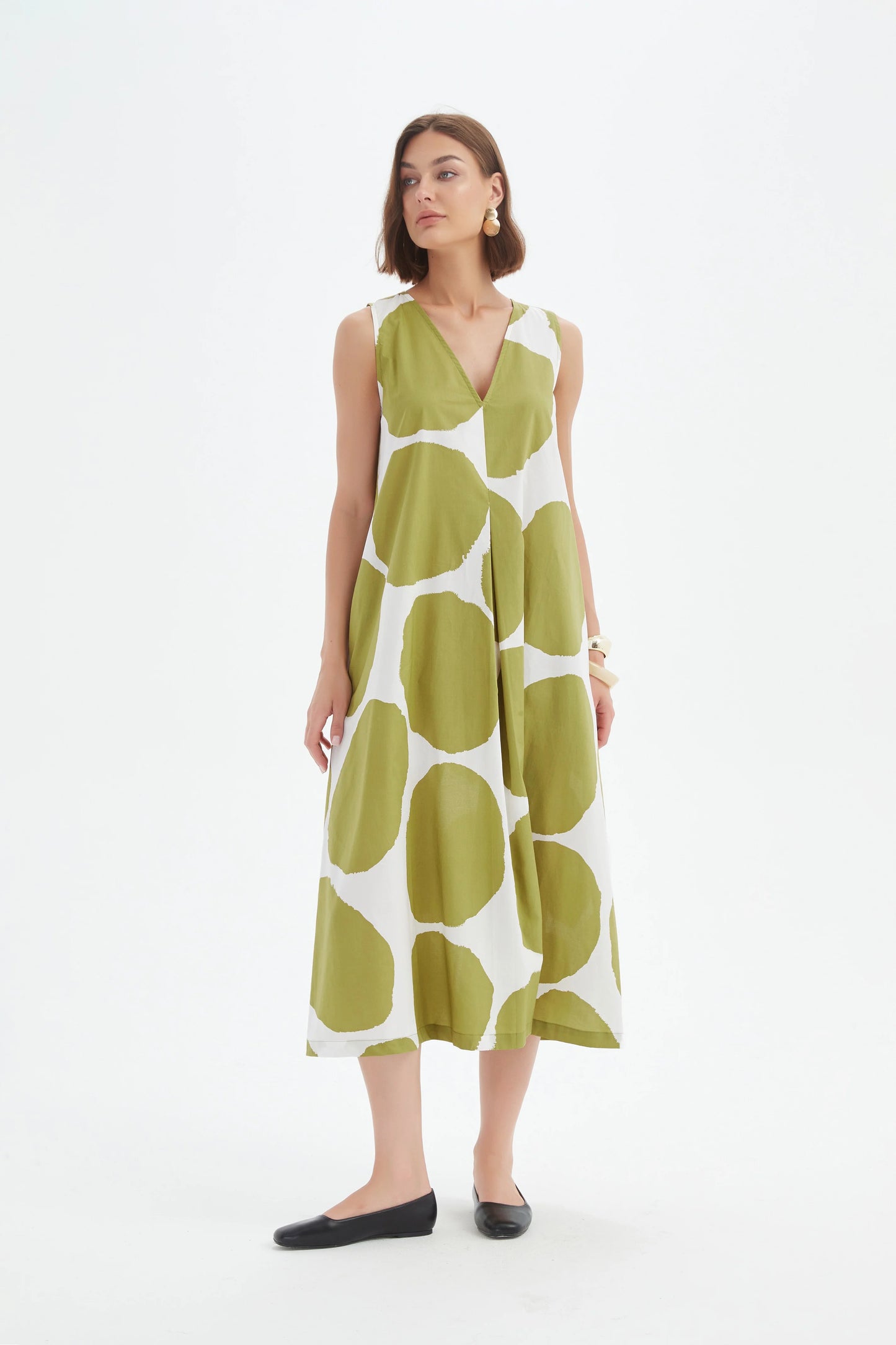 Tirelli - Inverted Pleat Poplin Dress - Chartreuse/white Spot