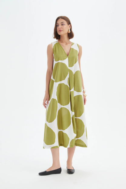 Tirelli - Inverted Pleat Poplin Dress - Chartreuse/white Spot