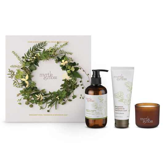 Myrtle & Moss - Bergamot Trio - Wash, Hand Cream & Mini Candle - Green Wreath