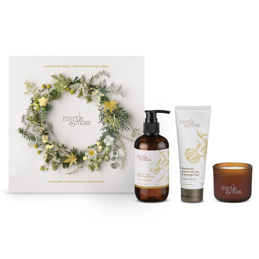 Myrtle & Moss - Citrus Trio - Wash, Hand Cream & Mini Candle - Yellow Wreath